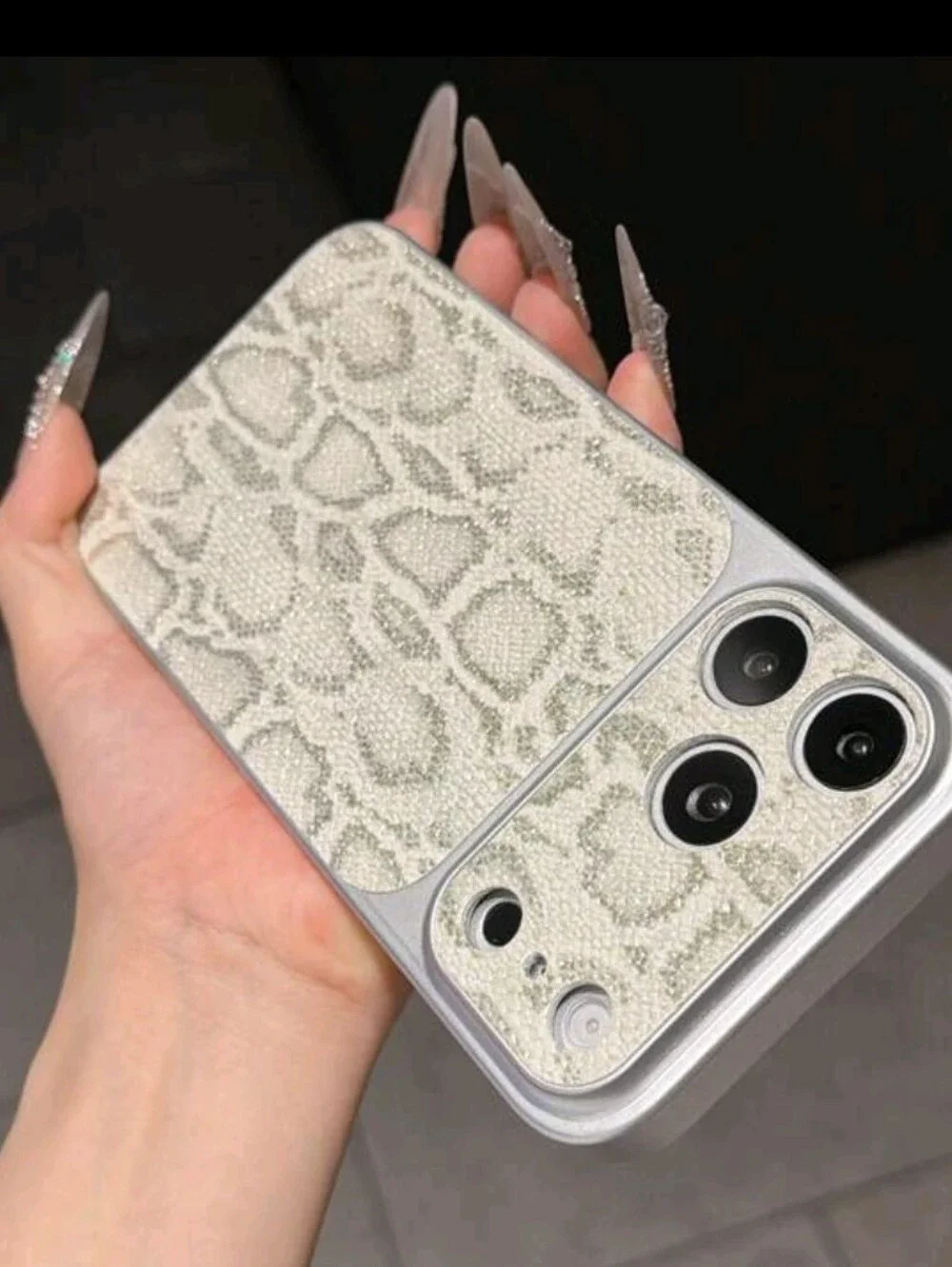 IPhone 17 Snake-Pattern Reptile Phone Case - Cream Silver